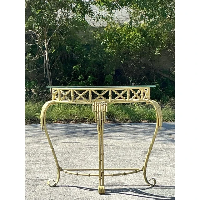 Vintage Coastal Metal Bamboo Demilune Table - Detail view