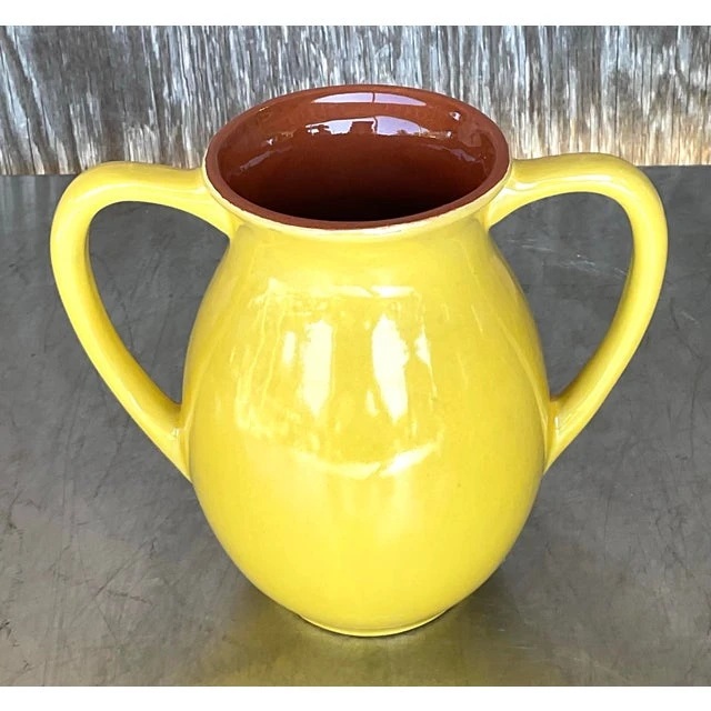 Vintage Boho Glazed Ceramic Two Handle Vase - Back view