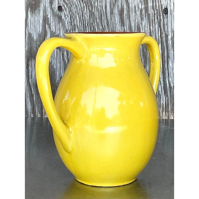Vintage Boho Glazed Ceramic Two Handle Vase - Top view