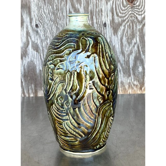 Vintage Boho Glazed Ceramic Vase - Detail view