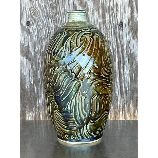 Vintage Boho Glazed Ceramic Vase - Side view
