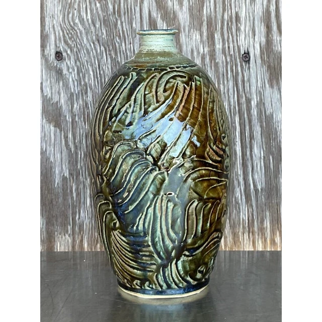 Vintage Boho Glazed Ceramic Vase - Back view