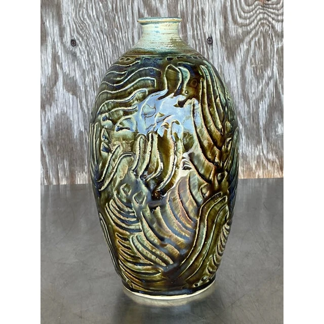 Vintage Boho Glazed Ceramic Vase - Top view