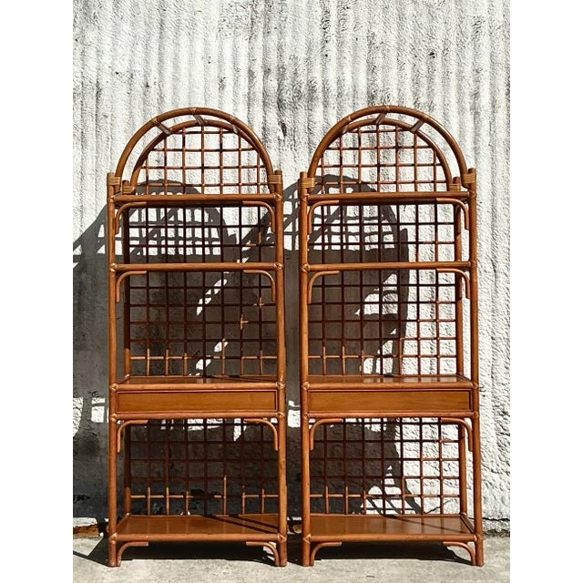Vintage Coastal Grid Rattan Etagere - a Pair - Detail view