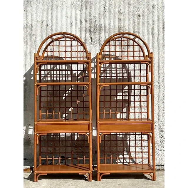 Vintage Coastal Grid Rattan Etagere - a Pair - Side view