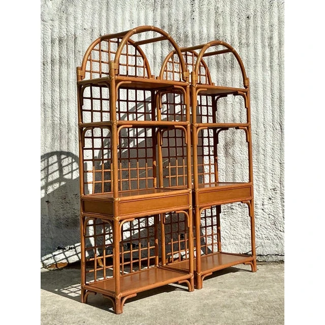 Vintage Coastal Grid Rattan Etagere - a Pair - Back view