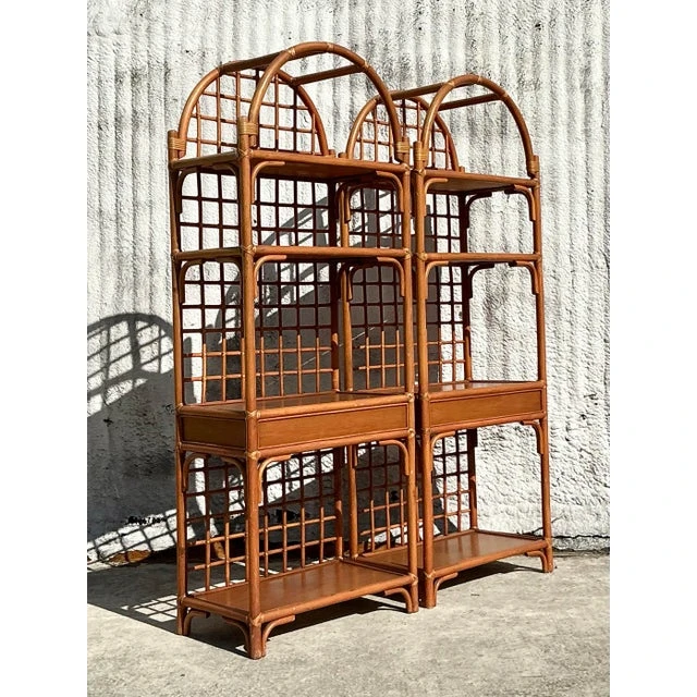 Vintage Coastal Grid Rattan Etagere - a Pair - Top view