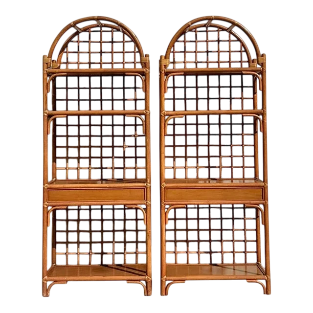 Vintage Coastal Grid Rattan Etagere - a Pair
