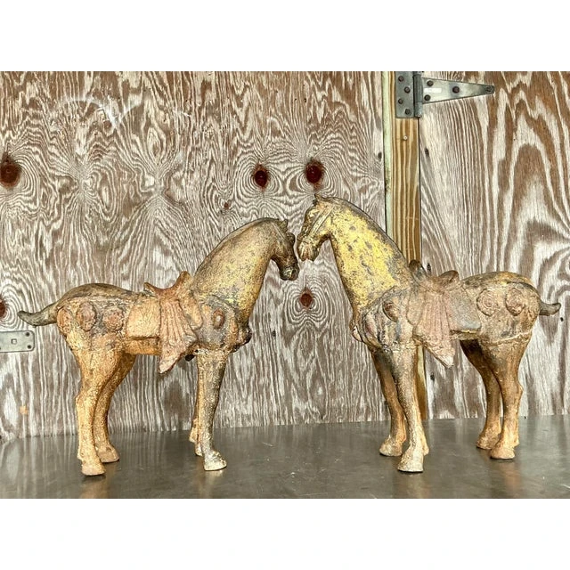 Vintage Asian Patinated Gilt Wood Temple Horses - a Pair - Side view