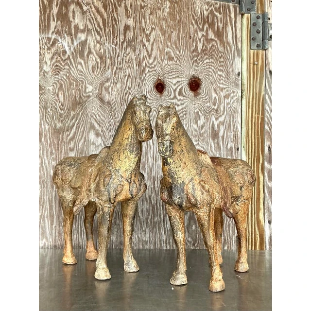 Vintage Asian Patinated Gilt Wood Temple Horses - a Pair - Back view