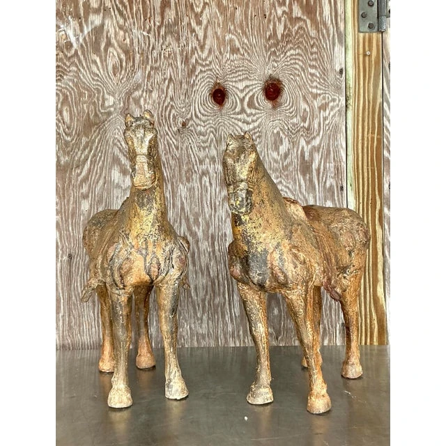 Vintage Asian Patinated Gilt Wood Temple Horses - a Pair - Detail view