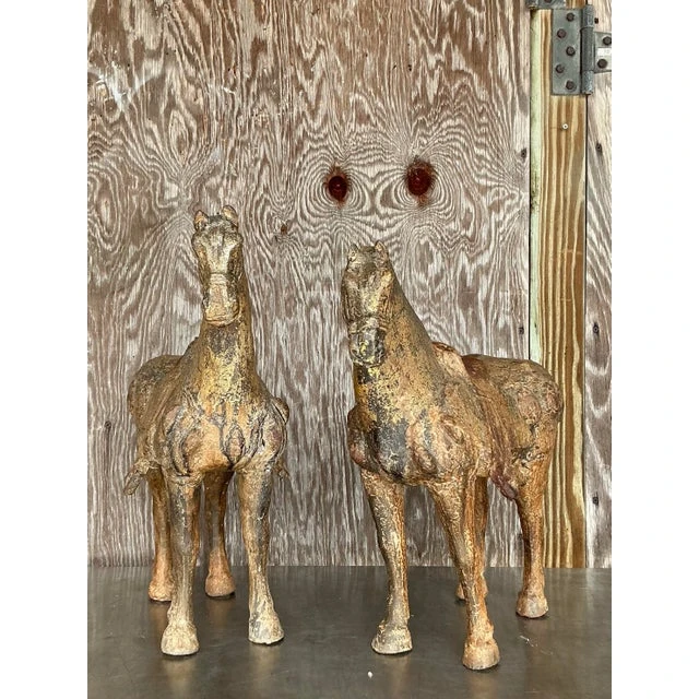 Vintage Asian Patinated Gilt Wood Temple Horses - a Pair - Top view