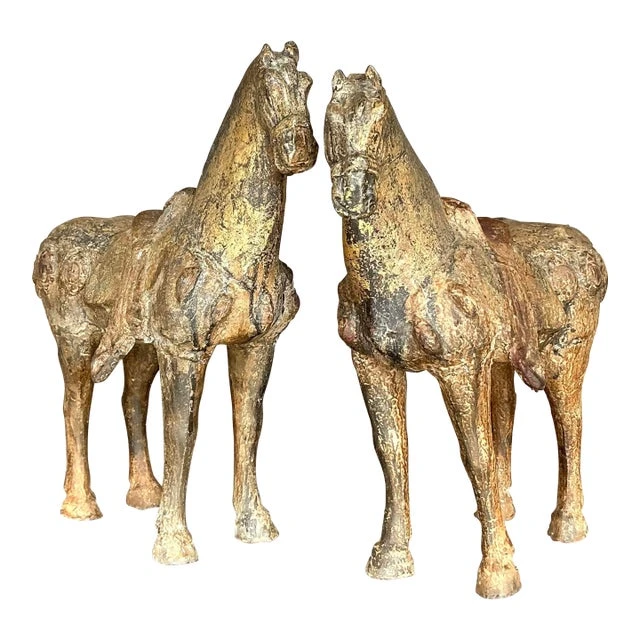Vintage Asian Patinated Gilt Wood Temple Horses - a Pair