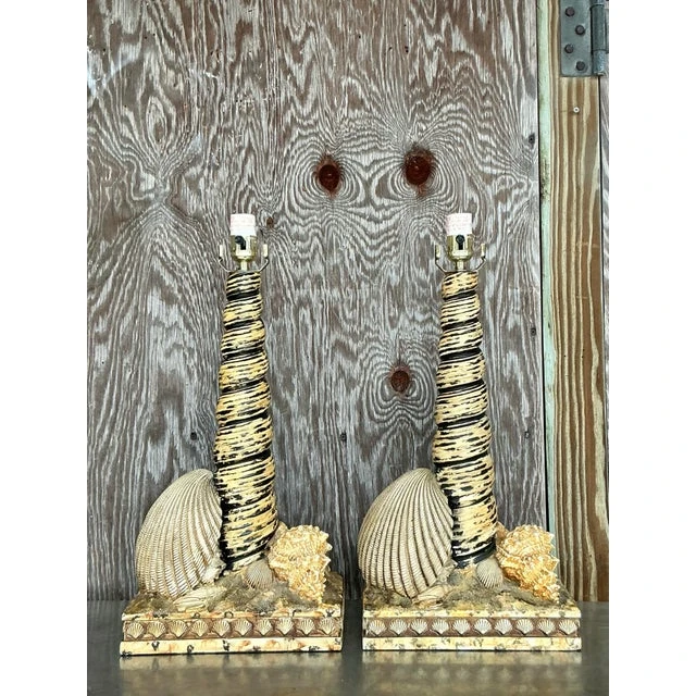 Vintage Coastal Resin Shell Lamps - a Pair - Side view