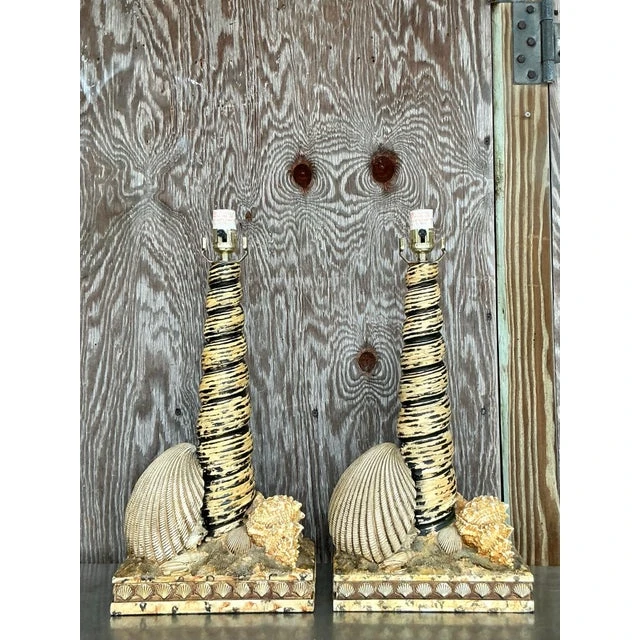 Vintage Coastal Resin Shell Lamps - a Pair - Back view