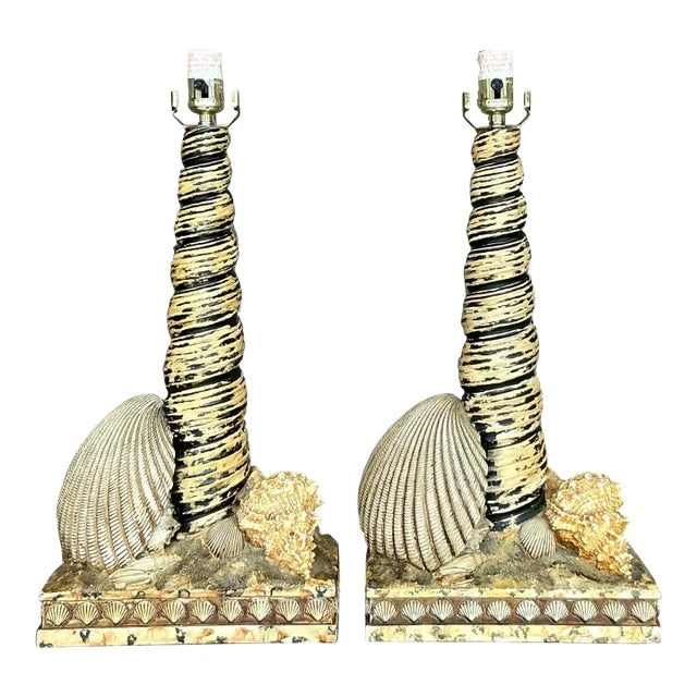 Vintage Coastal Resin Shell Lamps - a Pair