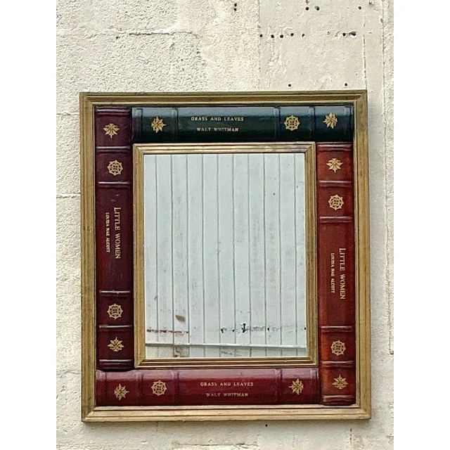 Vintage Regency Embossed Leather Books Mirror - Detail view