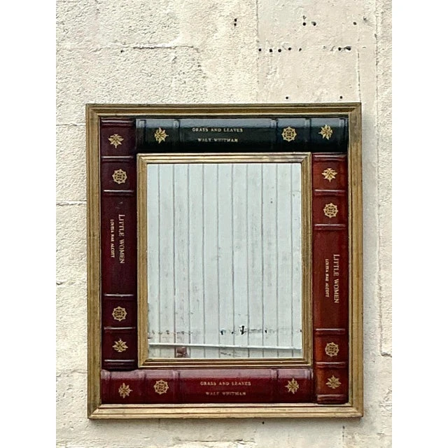Vintage Regency Embossed Leather Books Mirror - Back view