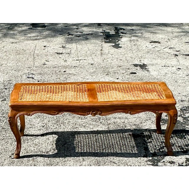 Vintage Boho Woven Cane Bench - Side view