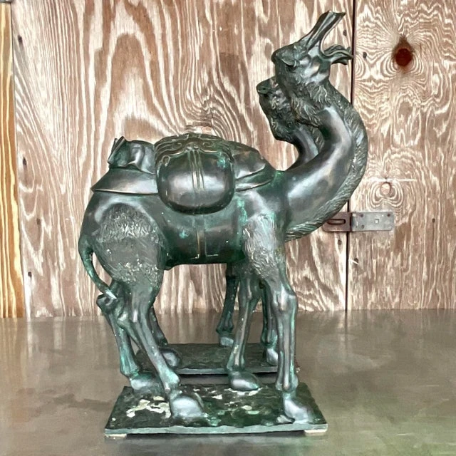 Vintage Boho Patinated Bronze Camels - a Pair - Side view