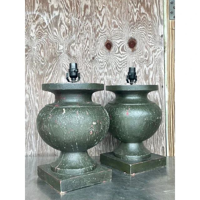 Vintage Boho Patinated Turned Wood Lamps - a Pair - Side view