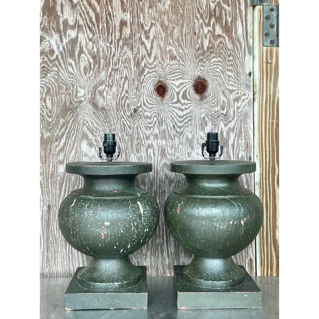 Vintage Boho Patinated Turned Wood Lamps - a Pair - Back view