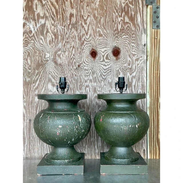 Vintage Boho Patinated Turned Wood Lamps - a Pair - Detail view