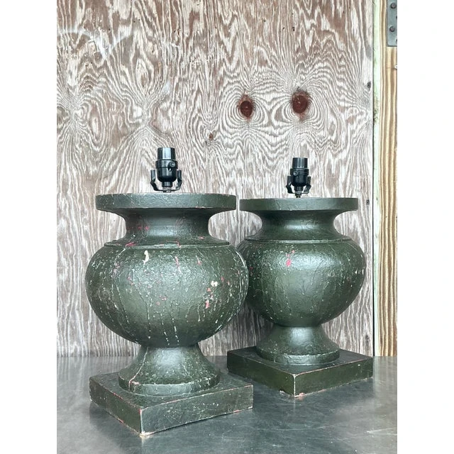 Vintage Boho Patinated Turned Wood Lamps - a Pair - Top view