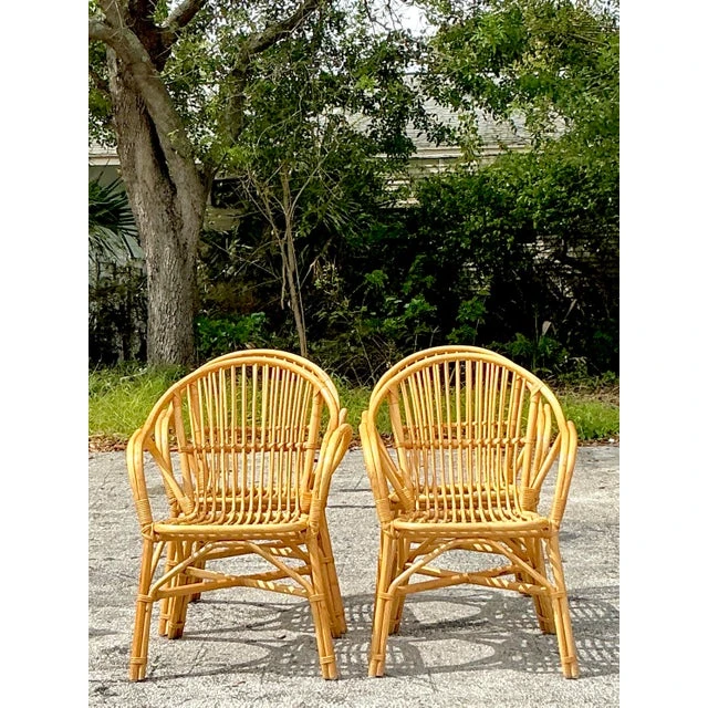 Vintage Coastal Stick Rattan Dining Chairs - Set of 4 - Top view