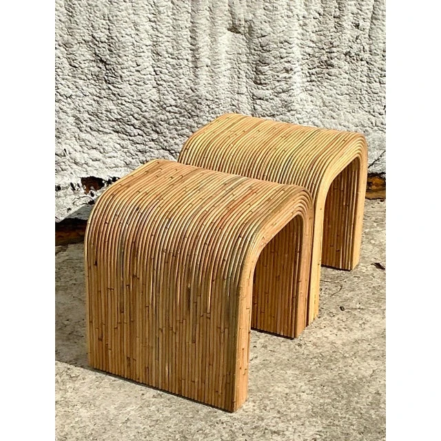 Vintage Coastal Pencil Reed Waterfall Side Table - a Pair - Side view