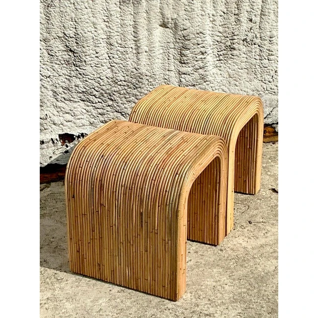 Vintage Coastal Pencil Reed Waterfall Side Table - a Pair - Back view