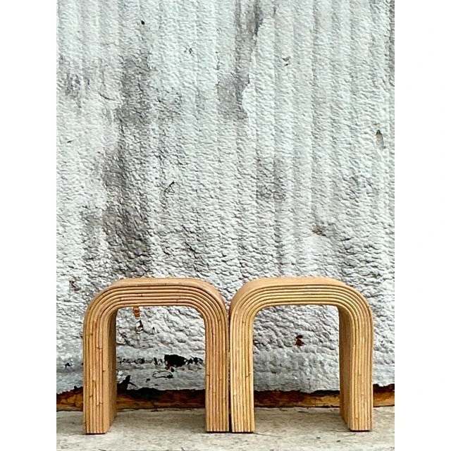 Vintage Coastal Pencil Reed Waterfall Side Table - a Pair - Top view