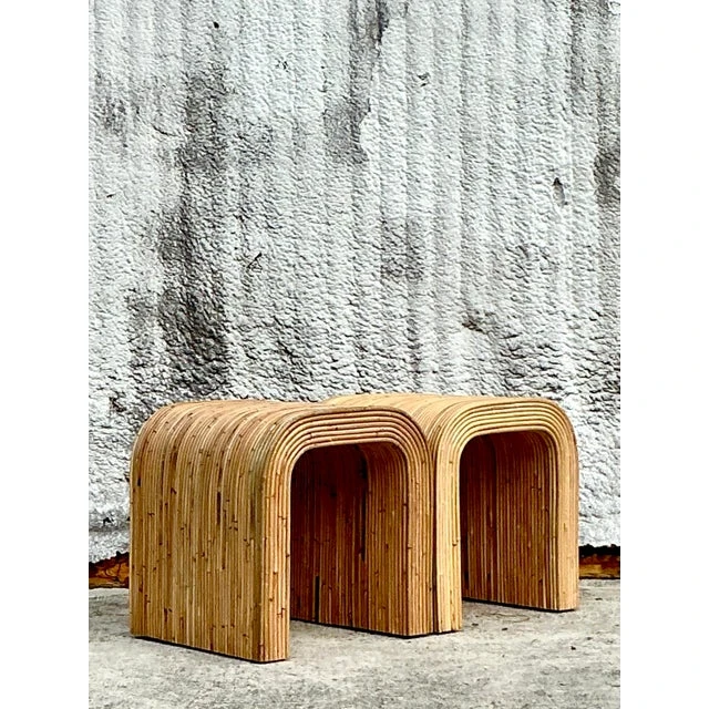 Vintage Coastal Pencil Reed Waterfall Side Table - a Pair - Detail view