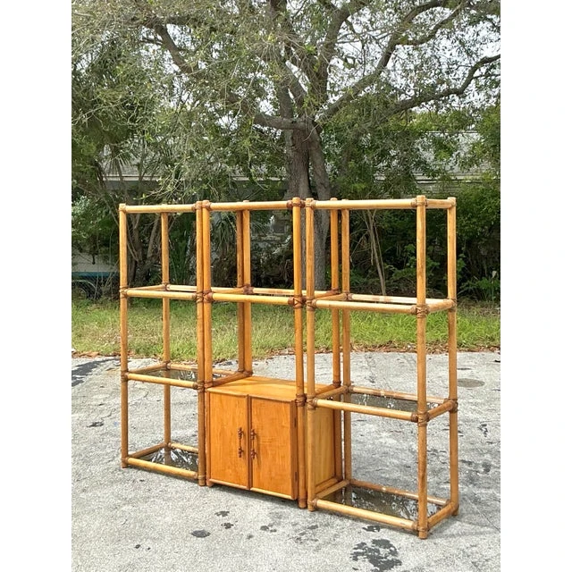 Vintage Coastal Rattan Etagere - Set of 3 - Side view