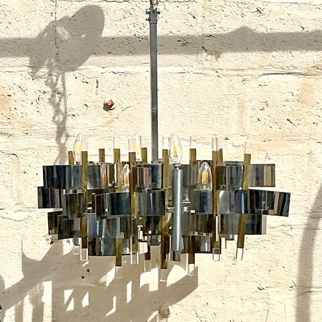Vintage Mid 20th Century Gaetano Sciolari “Futura” Chrome and Brass Chandelier - Side view