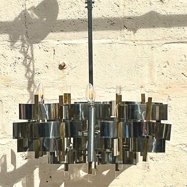 Vintage Mid 20th Century Gaetano Sciolari “Futura” Chrome and Brass Chandelier - Back view