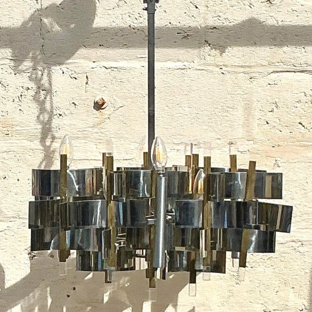 Vintage Mid 20th Century Gaetano Sciolari “Futura” Chrome and Brass Chandelier - Top view