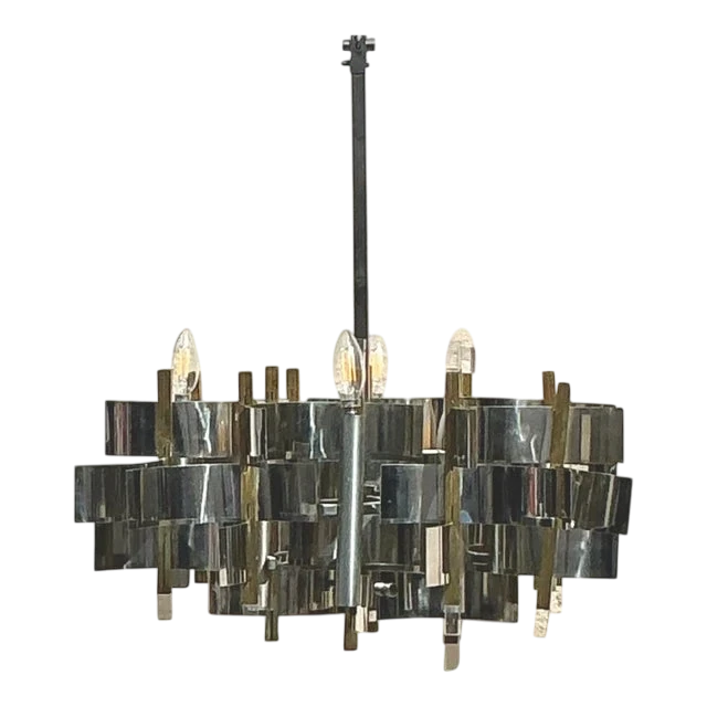 Vintage Mid 20th Century Gaetano Sciolari “Futura” Chrome and Brass Chandelier