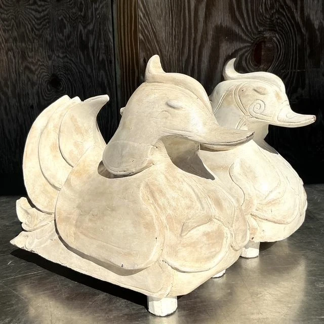 Vintage Asian Carved Mandarin Wood Ducks - a Pair - Detail view