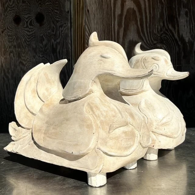 Vintage Asian Carved Mandarin Wood Ducks - a Pair - Top view