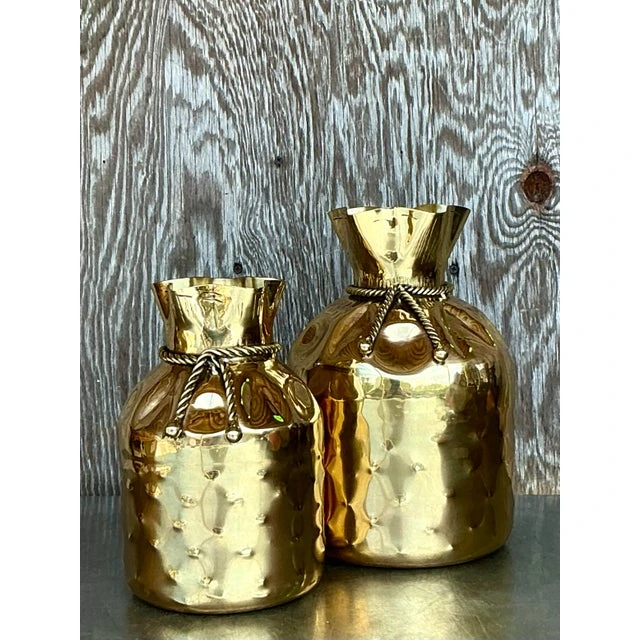 Vintage Boho Polished Brass Tethered Bags - Set of 2 - Side view