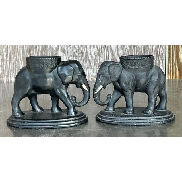 Vintage Boho Matte Glazed Ceramic Elephants- Set of 2 - Top view