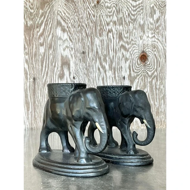 Vintage Boho Matte Glazed Ceramic Elephants- Set of 2 - Back view