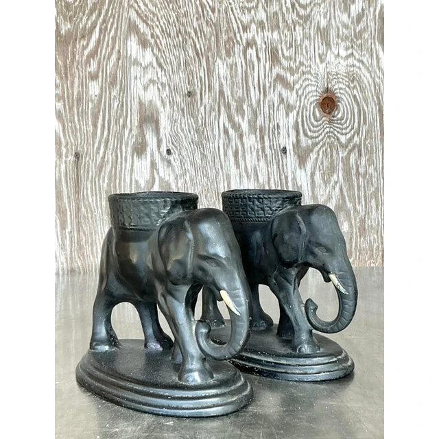 Vintage Boho Matte Glazed Ceramic Elephants- Set of 2 - Detail view