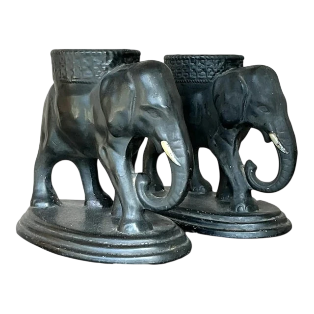 Vintage Boho Matte Glazed Ceramic Elephants- Set of 2