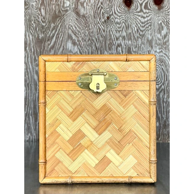 Vintage Boho Parquet Rattan Lidded Box - Back view