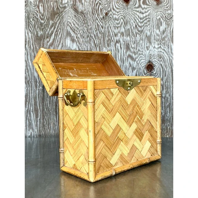 Vintage Boho Parquet Rattan Lidded Box - Top view