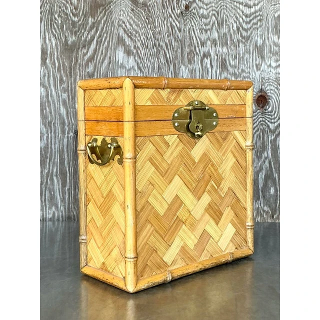 Vintage Boho Parquet Rattan Lidded Box - Side view