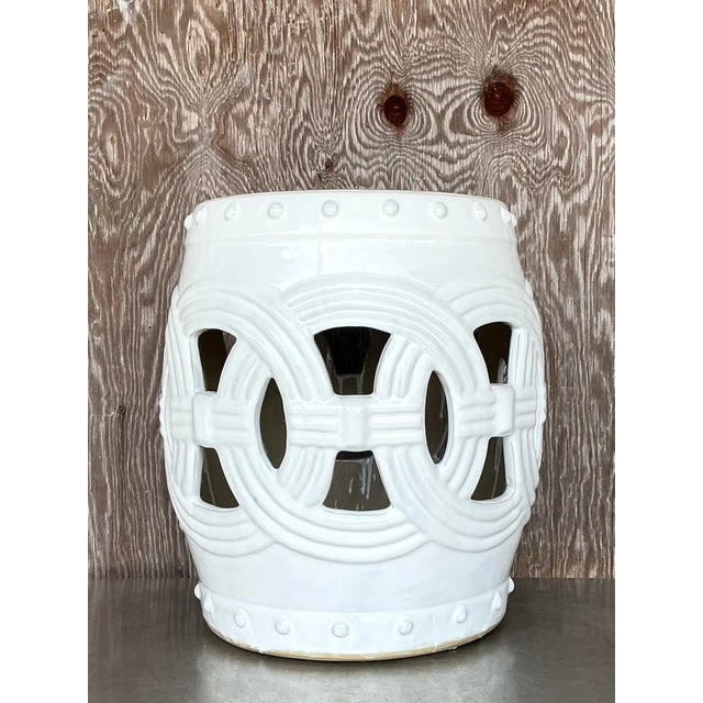 Vintage Regency Glazed Ceramic Low Stool - Side view