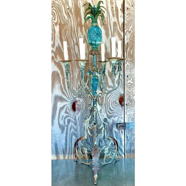 Vintage Coastal Wrought Iron Verdigris Pineapple Lamp - Side view